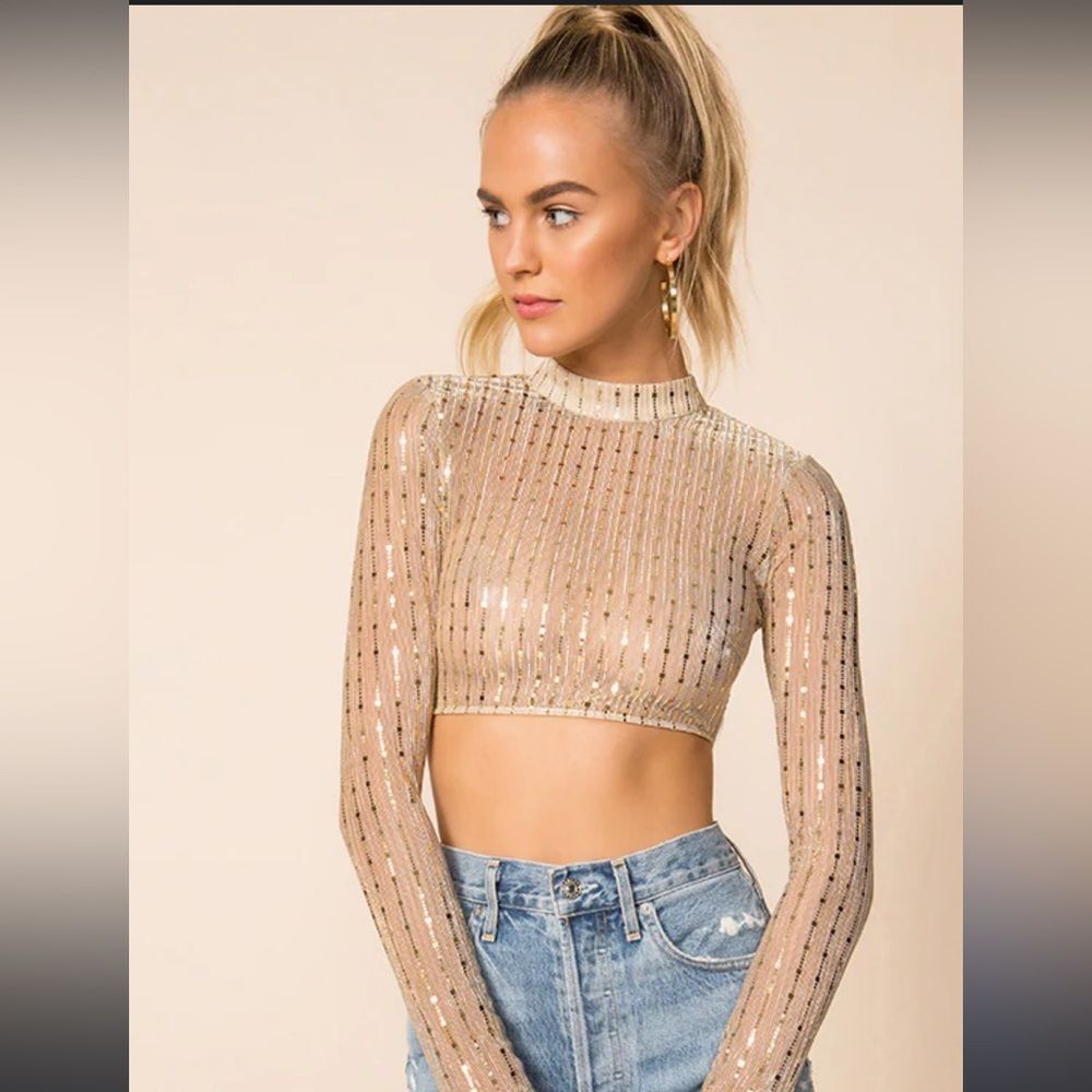 Superdown gold sequin and sheer crop top